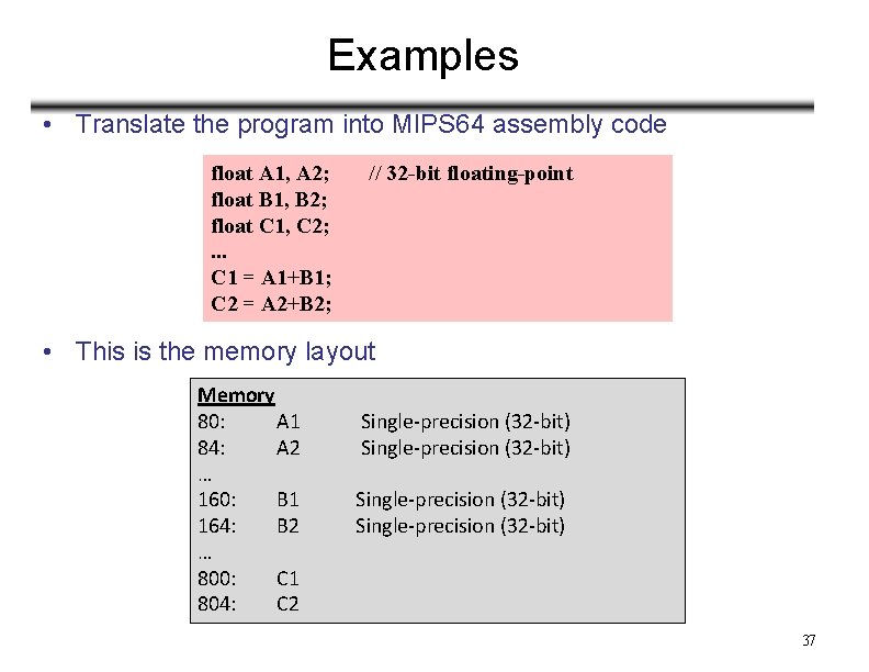 Examples • Translate the program into MIPS 64 assembly code float A 1, A