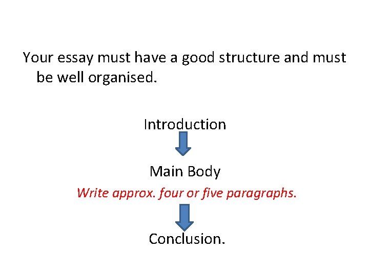 Your essay must have a good structure and must be well organised. Introduction Main