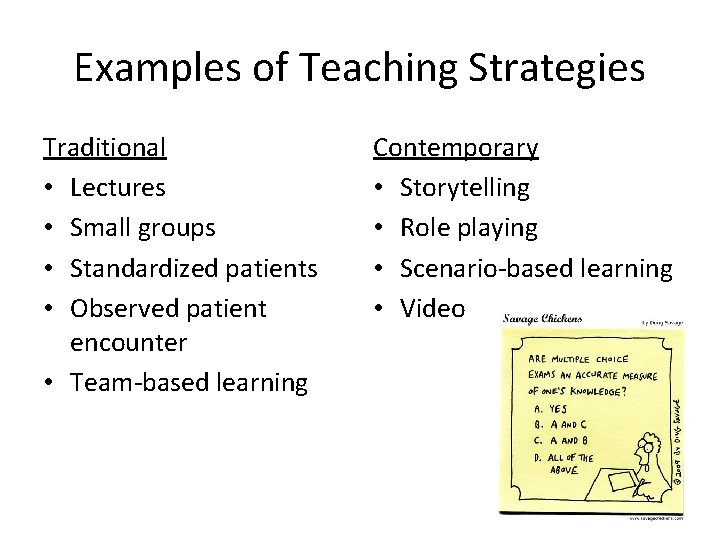 Examples of Teaching Strategies Traditional • Lectures • Small groups • Standardized patients •