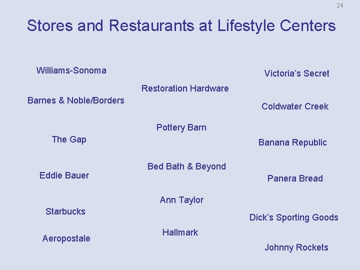 24 Stores and Restaurants at Lifestyle Centers Williams-Sonoma Victoria’s Secret Restoration Hardware Barnes &