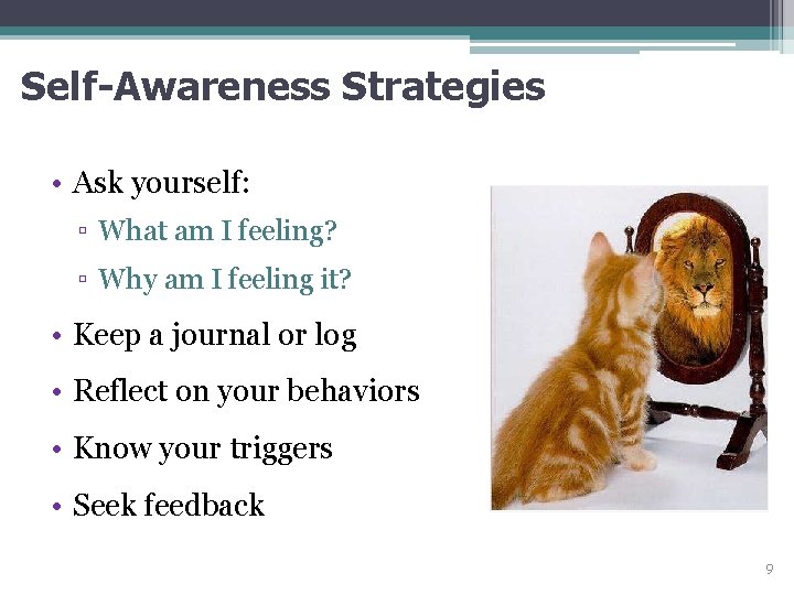 Self-Awareness Strategies • Ask yourself: ▫ What am I feeling? ▫ Why am I