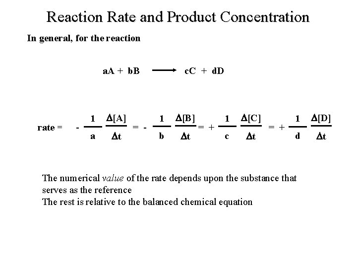 Reaction Rate and Product Concentration In general, for the reaction a. A + b.