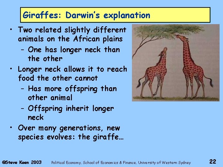 Giraffes: Darwin’s explanation • Two related slightly different animals on the African plains –