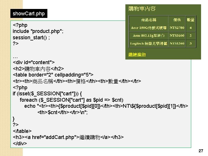 show. Cart. php <? php include "product. php"; session_start() ; ? > … <div