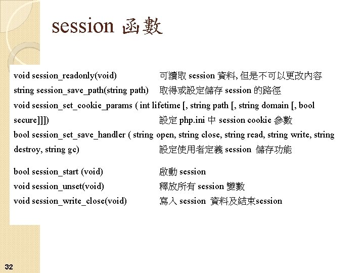 session 函數 void session_readonly(void) 可讀取 session 資料, 但是不可以更改內容 string session_save_path(string path) 取得或設定儲存 session 的路徑