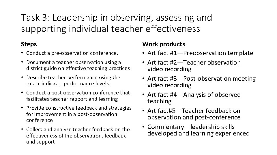 Task 3: Leadership in observing, assessing and supporting individual teacher effectiveness Steps • Conduct