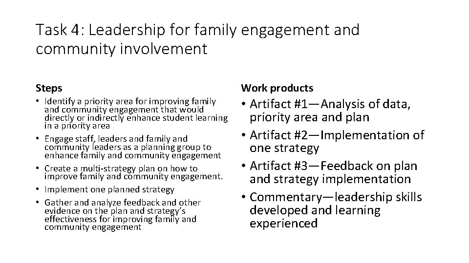 Task 4: Leadership for family engagement and community involvement Steps Work products • Identify