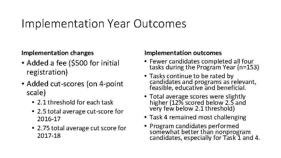 Implementation Year Outcomes Implementation changes • Added a fee ($500 for initial registration) •