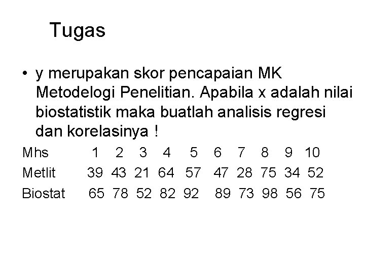 Tugas • y merupakan skor pencapaian MK Metodelogi Penelitian. Apabila x adalah nilai biostatistik