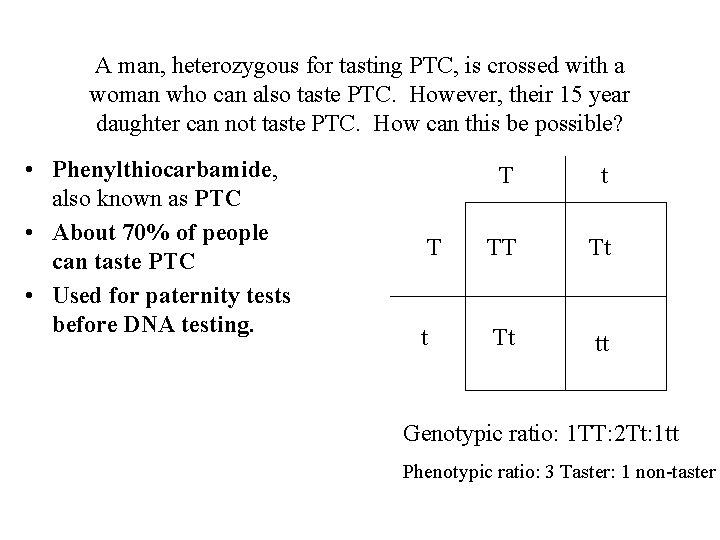 A man, heterozygous for tasting PTC, is crossed with a woman who can also