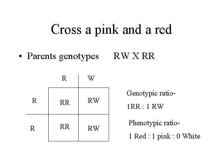 Cross a pink and a red • Parents genotypes R R RR RW X