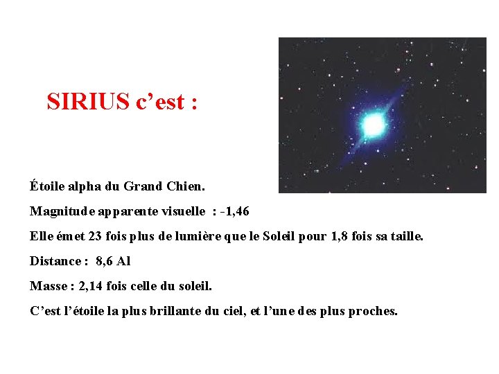 SIRIUS c’est : Étoile alpha du Grand Chien. Magnitude apparente visuelle : -1, 46