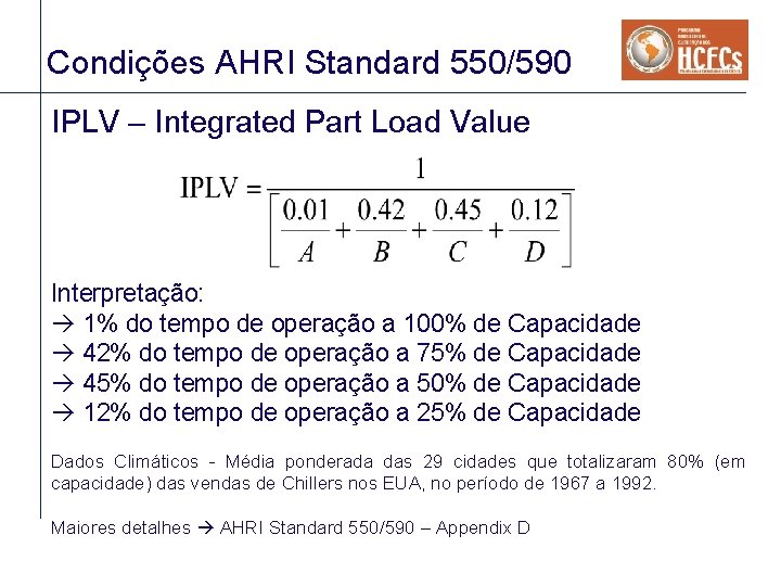 Condições AHRI Standard 550/590 IPLV – Integrated Part Load Value Interpretação: 1% do tempo Condições AHRI Standard 550/590 IPLV – Integrated Part Load Value Interpretação: 1% do tempo