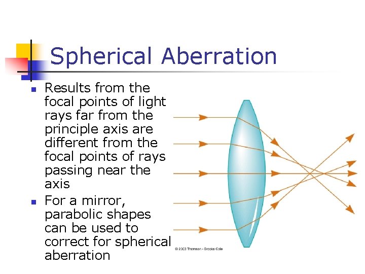 Spherical Aberration n n Results from the focal points of light rays far from