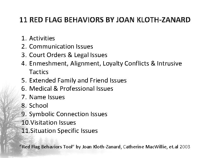 11 RED FLAG BEHAVIORS BY JOAN KLOTH-ZANARD 1. 2. 3. 4. Activities Communication Issues