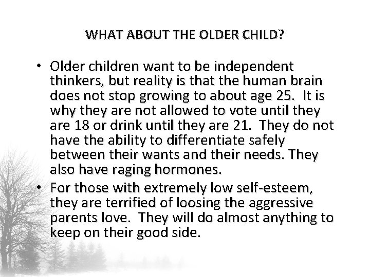 WHAT ABOUT THE OLDER CHILD? • Older children want to be independent thinkers, but