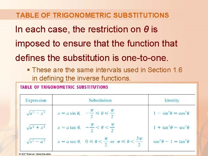 TABLE OF TRIGONOMETRIC SUBSTITUTIONS In each case, the restriction on θ is imposed to
