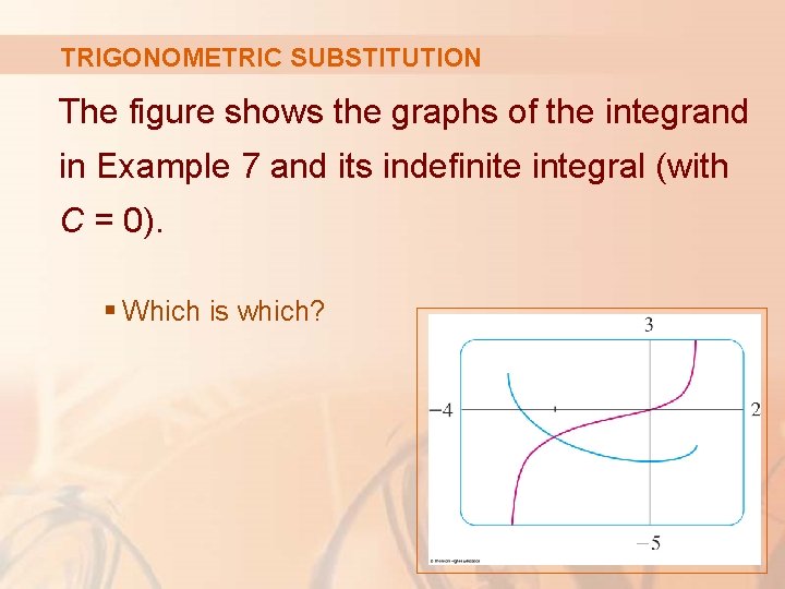 TRIGONOMETRIC SUBSTITUTION The figure shows the graphs of the integrand in Example 7 and