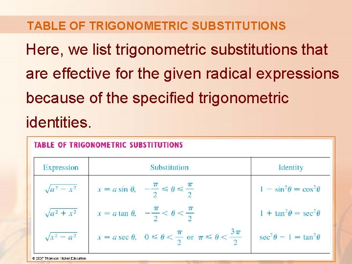 TABLE OF TRIGONOMETRIC SUBSTITUTIONS Here, we list trigonometric substitutions that are effective for the