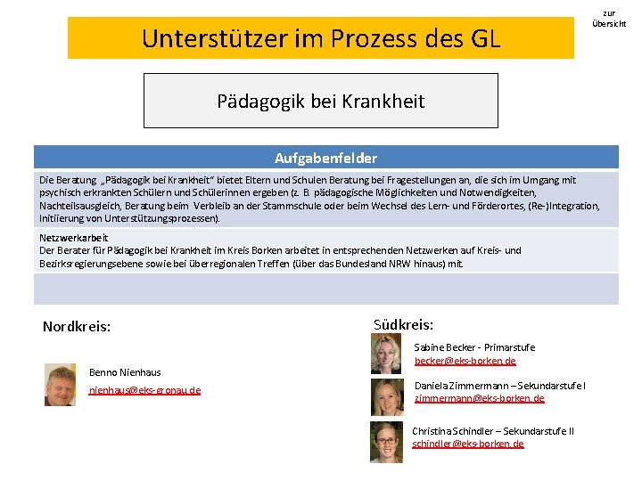 Unterstützer im Prozess des GL zur Übersicht Pädagogik bei Krankheit Aufgabenfelder Die Beratung „Pädagogik