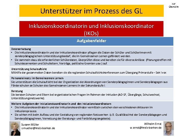 Unterstützer im Prozess des GL zur Übersicht Inklusionskoordinatorin und Inklusionskoordinator (IKOs) Aufgabenfelder Datenerhebung •