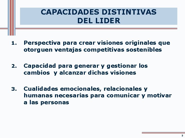 CAPACIDADES DISTINTIVAS DEL LIDER 1. Perspectiva para crear visiones originales que otorguen ventajas competitivas
