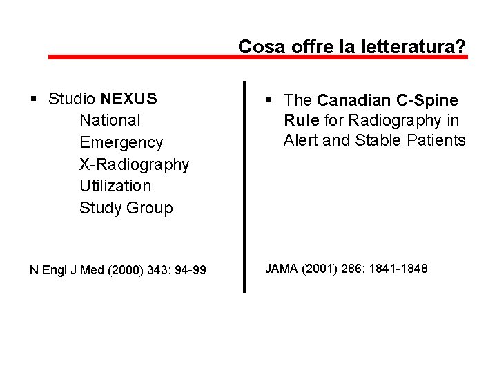 Cosa offre la letteratura? § Studio NEXUS National Emergency X-Radiography Utilization Study Group §