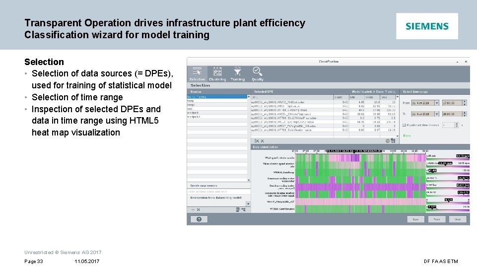 Transparent Operation drives infrastructure plant efficiency Classification wizard for model training Selection • Selection