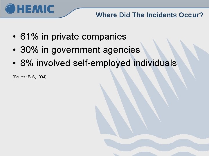 Where Did The Incidents Occur? • 61% in private companies • 30% in government Where Did The Incidents Occur? • 61% in private companies • 30% in government