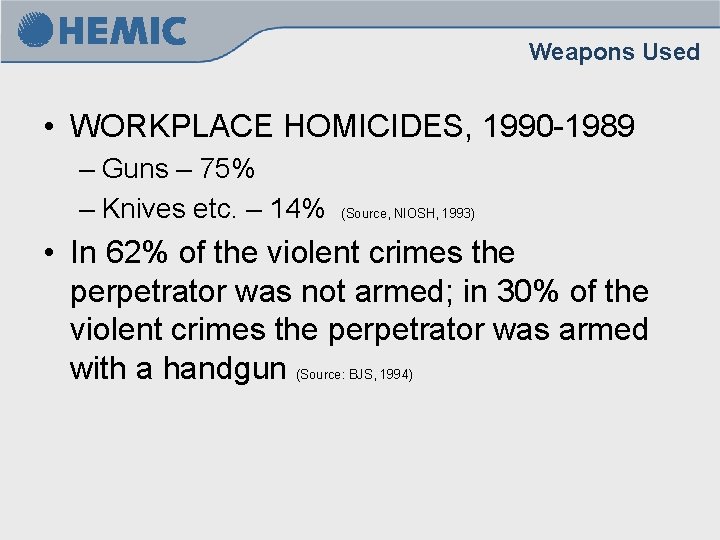 Weapons Used • WORKPLACE HOMICIDES, 1990 -1989 – Guns – 75% – Knives etc. Weapons Used • WORKPLACE HOMICIDES, 1990 -1989 – Guns – 75% – Knives etc.