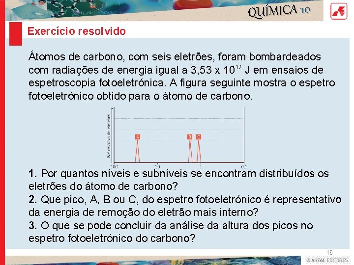 QUÍMICA 10 Exercício resolvido Átomos de carbono, com seis eletrões, foram bombardeados com radiações