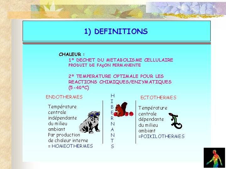 1) DEFINITIONS La physiologie CHALEUR : 1° DECHET DU METABOLISME CELLULAIRE PRODUIT DE FAçON 1) DEFINITIONS La physiologie CHALEUR : 1° DECHET DU METABOLISME CELLULAIRE PRODUIT DE FAçON