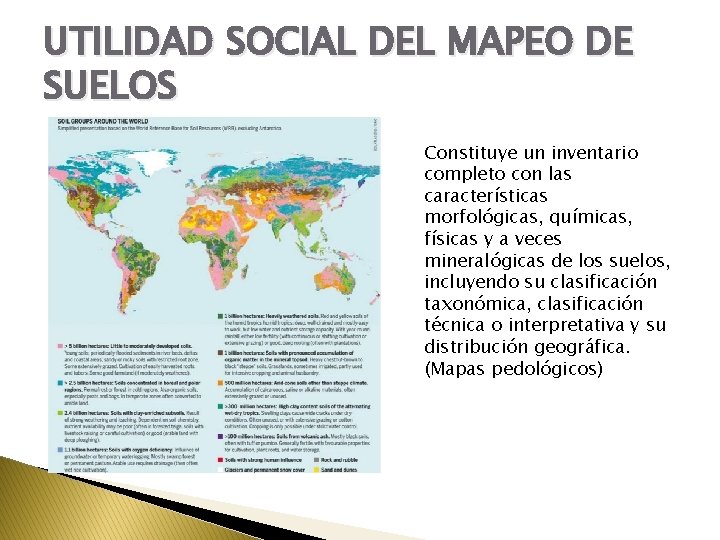 UTILIDAD SOCIAL DEL MAPEO DE SUELOS Constituye un inventario completo con las características morfológicas,