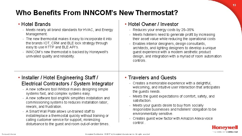 13 Who Benefits From INNCOM’s New Thermostat? • Hotel Brands • Hotel Owner /