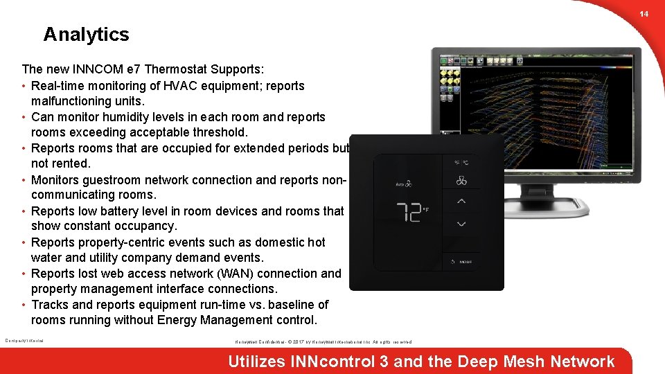 14 Analytics The new INNCOM e 7 Thermostat Supports: • Real-time monitoring of HVAC