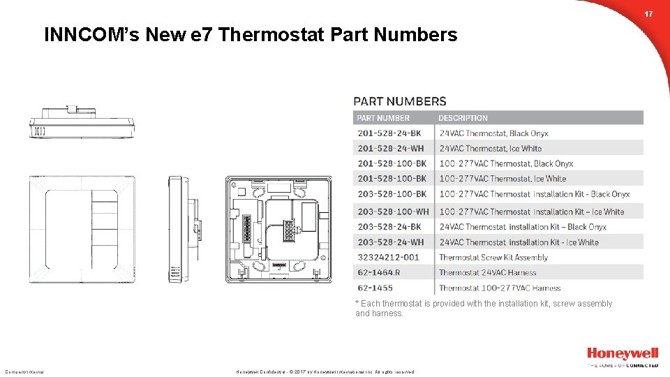 17 INNCOM’s New e 7 Thermostat Part Numbers * Each thermostat is provided with