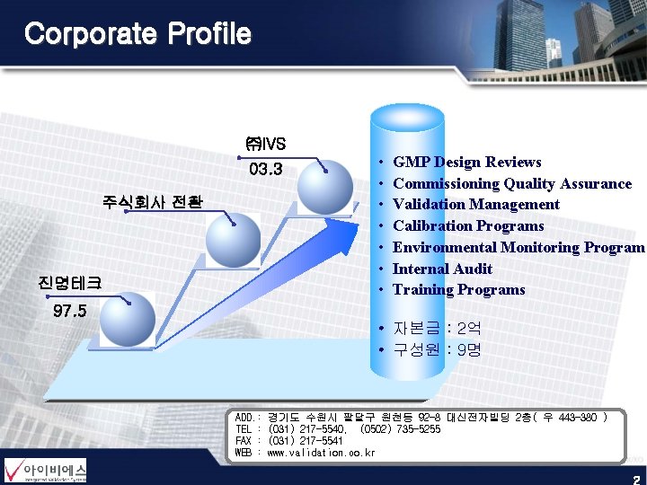 Corporate Profile ㈜IVS 03. 3 주식회사 전환 진명테크 • • GMP Design Reviews Commissioning Corporate Profile ㈜IVS 03. 3 주식회사 전환 진명테크 • • GMP Design Reviews Commissioning