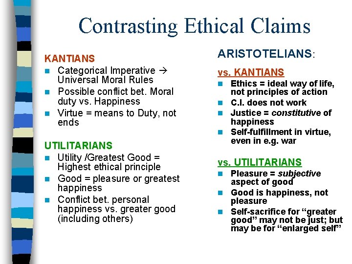 Contrasting Ethical Claims KANTIANS n Categorical Imperative Universal Moral Rules n Possible conflict bet.