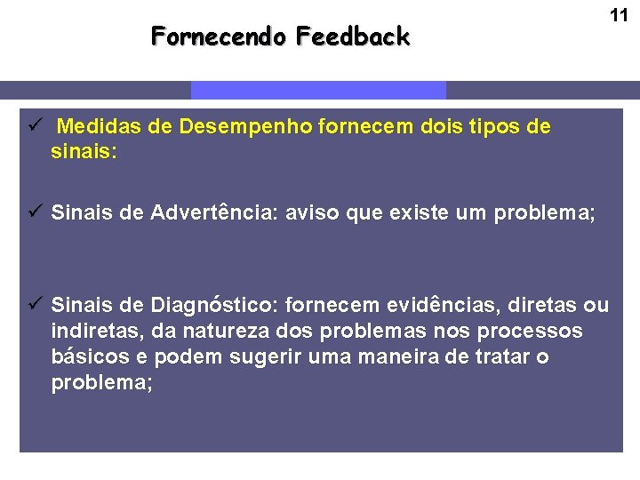 Fornecendo Feedback 11 ü Medidas de Desempenho fornecem dois tipos de sinais: ü Sinais