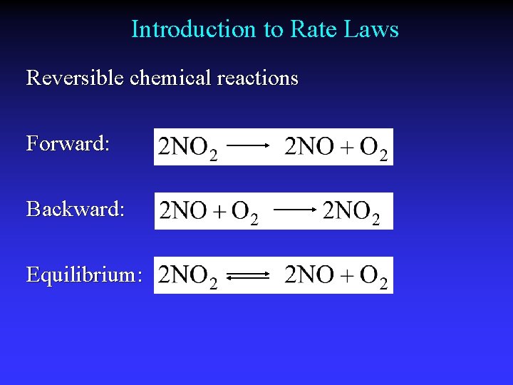 Introduction to Rate Laws Reversible chemical reactions Forward: Backward: Equilibrium: 