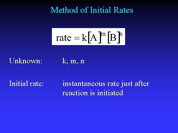 Method of Initial Rates Unknown: k, m, n Initial rate: instantaneous rate just after