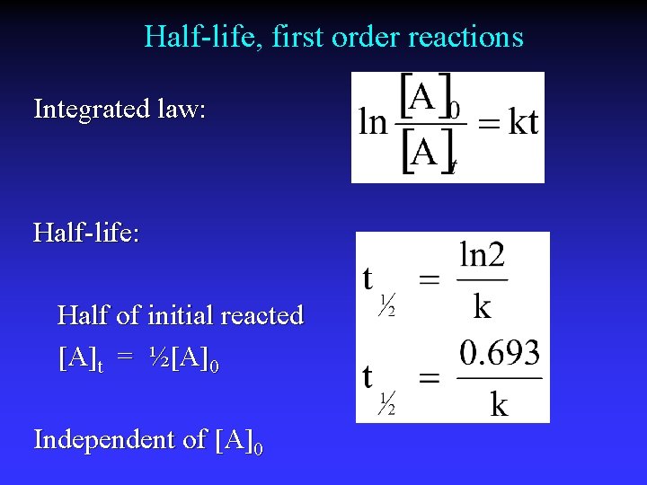 Half-life, first order reactions Integrated law: Half-life: Half of initial reacted [A]t = ½[A]0