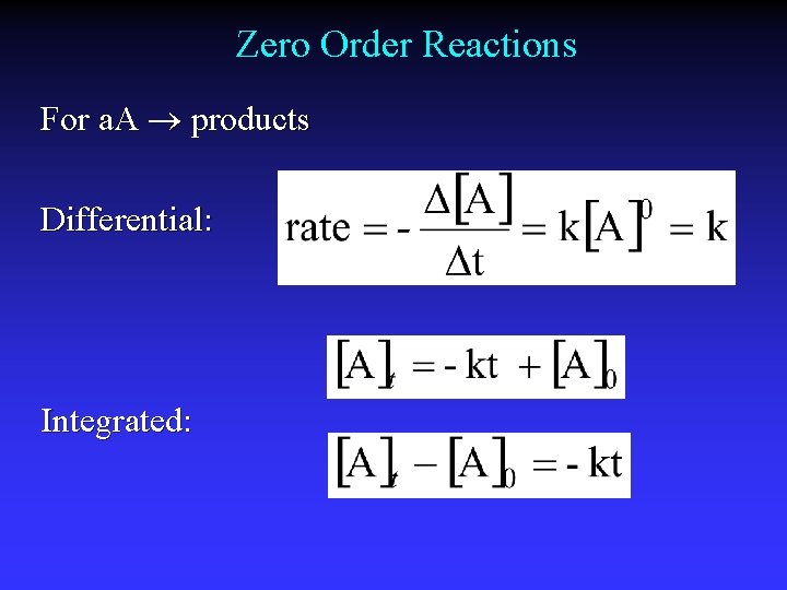 Zero Order Reactions For a. A products Differential: Integrated: 