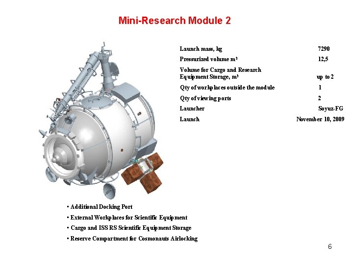 Mini-Research Module 2 Launch mass, kg 7290 Pressurized volume m 3 12, 5 Volume