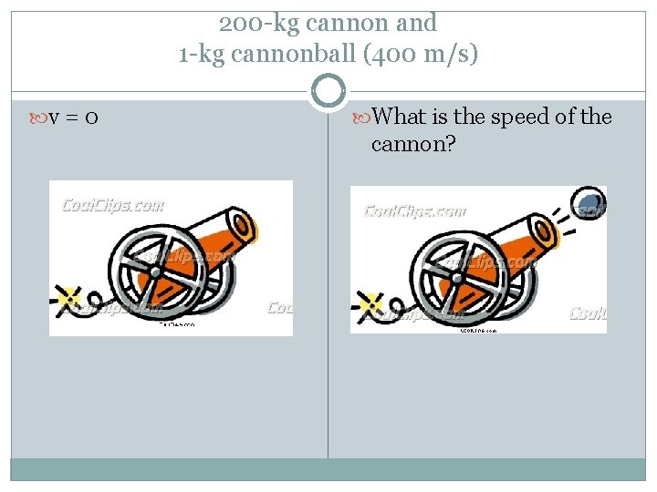 200 -kg cannon and 1 -kg cannonball (400 m/s) v = 0 What is
