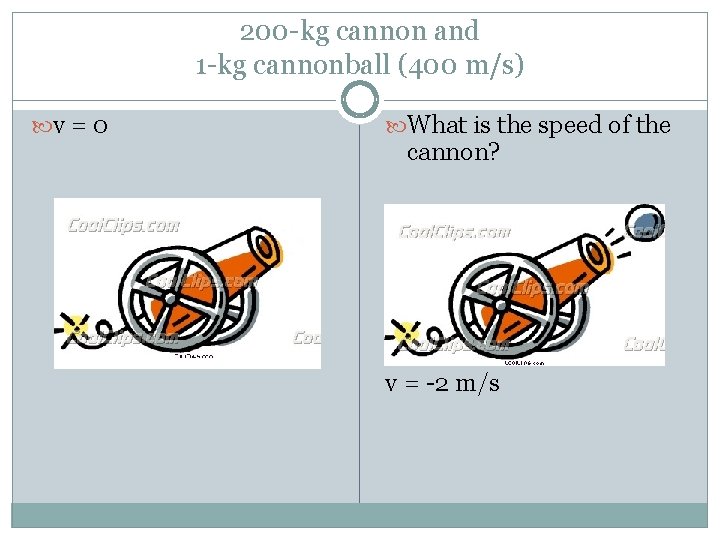 200 -kg cannon and 1 -kg cannonball (400 m/s) v = 0 What is