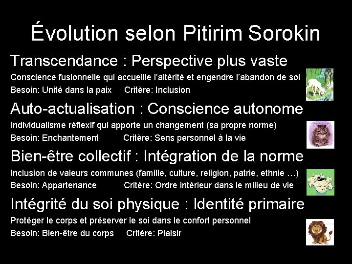Évolution selon Pitirim Sorokin Transcendance : Perspective plus vaste Conscience fusionnelle qui accueille l’altérité