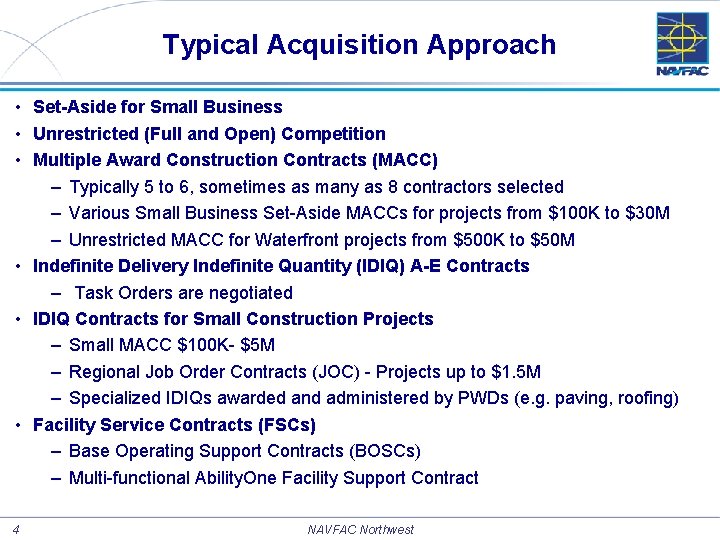 Typical Acquisition Approach • Set-Aside for Small Business • Unrestricted (Full and Open) Competition