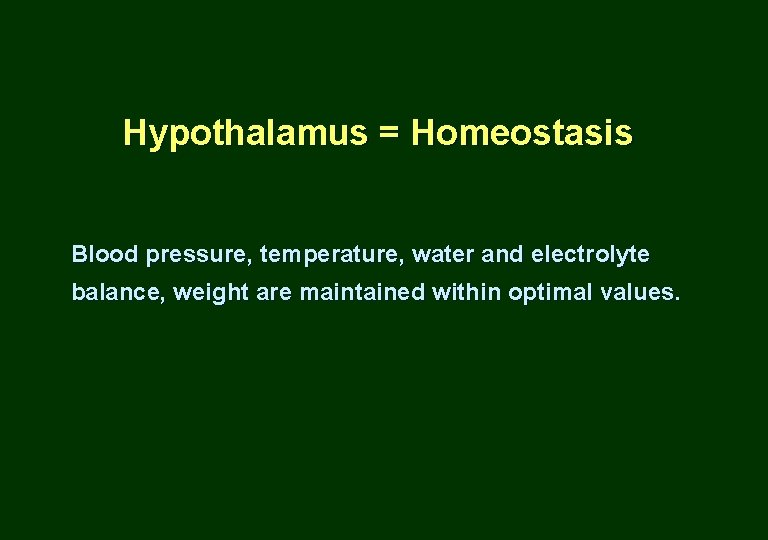 Hypothalamus = Homeostasis Blood pressure, temperature, water and electrolyte balance, weight are maintained within