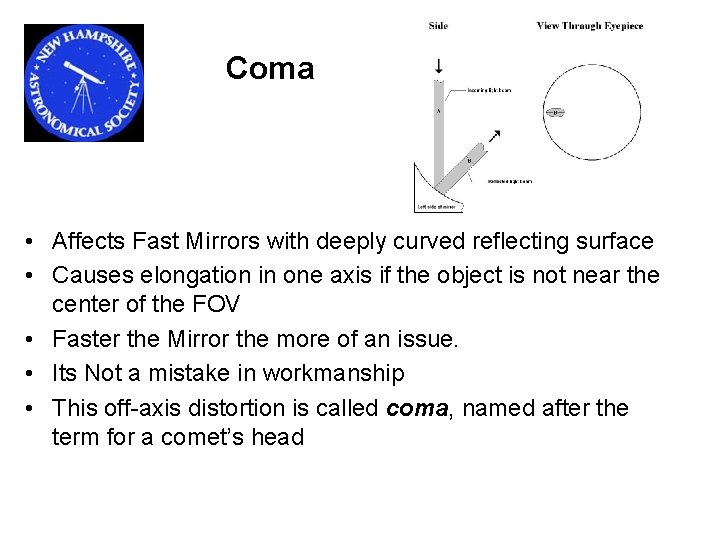 Coma • Affects Fast Mirrors with deeply curved reflecting surface • Causes elongation in